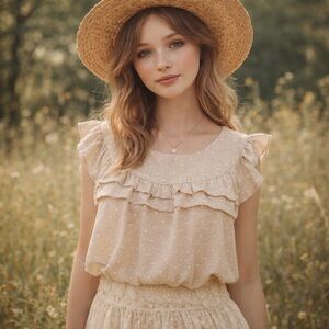 FOREVER 21 NUDE PINK GRAY ABSTRACT DOT CAP SLEEVE RUFFLE TOP L NWT